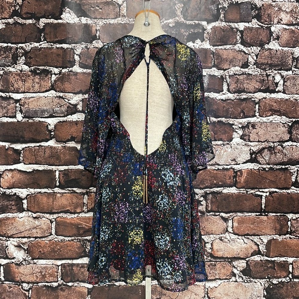 Free People Sheer Mini Dress Flowy Sleeves Shirred Black Size Medium Open Back - Picture 10 of 17